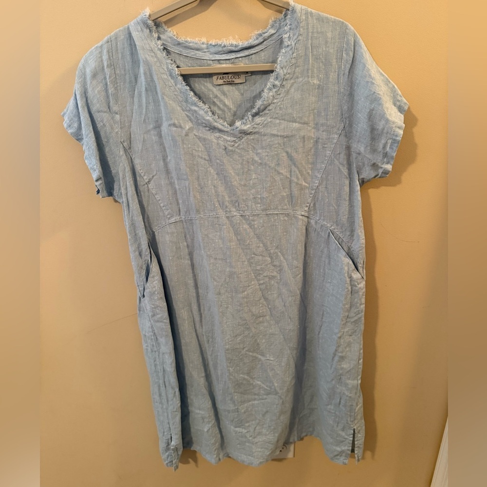 Linen lagenlook oversized linen dress frayed hem coastal grandma size Medium